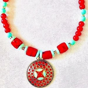 Coral and Turquoise Women’s Beaded Necklace w/ beautiful medallion pendant